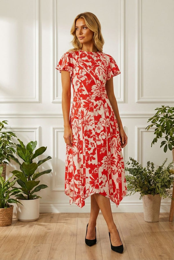 ORANGE | Floral Short Sleeve Hanky Hem Midi Dress