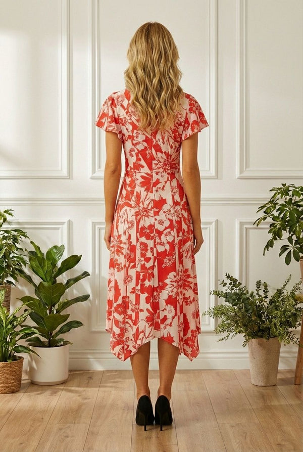 ORANGE | Floral Short Sleeve Hanky Hem Midi Dress