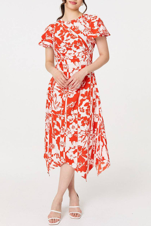 ORANGE | Floral Short Sleeve Hanky Hem Midi Dress