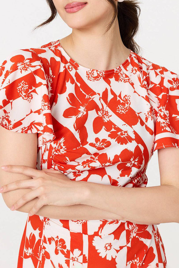 ORANGE | Floral Short Sleeve Hanky Hem Midi Dress