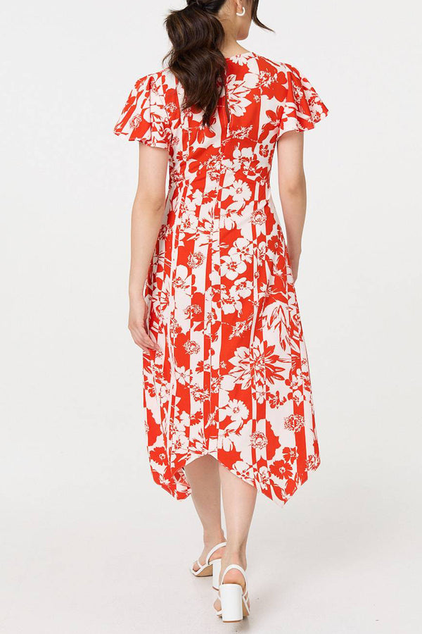 ORANGE | Floral Short Sleeve Hanky Hem Midi Dress