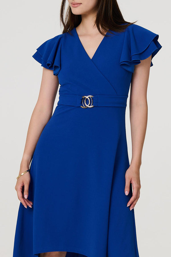 Blue | Belt Front Ruffled Faux Wrap Midi Dress