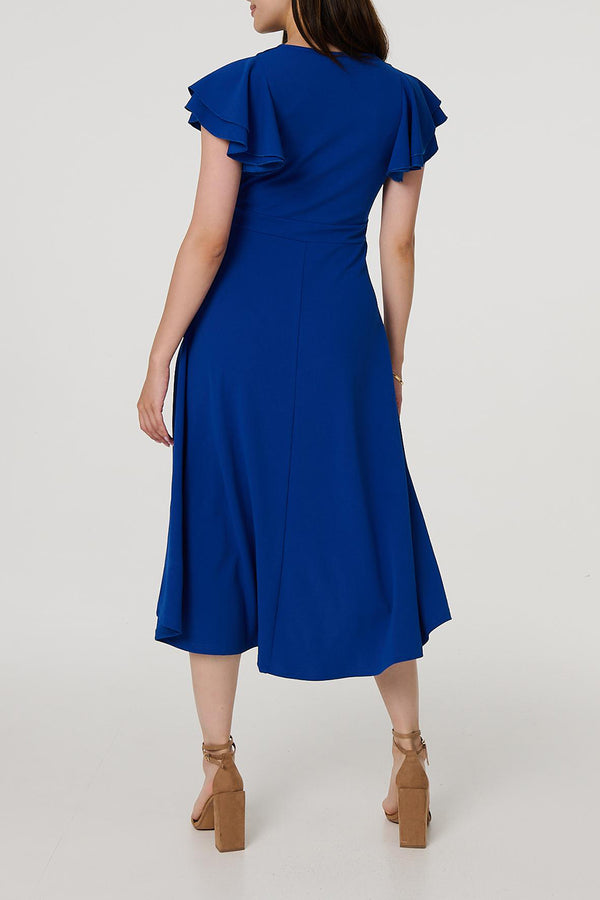 Blue | Belt Front Ruffled Faux Wrap Midi Dress