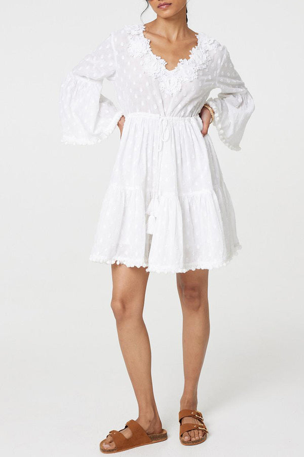 WHITE | Floral Lace 3/4 Flare Sleeve Mini Dress