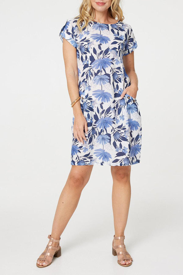 MULTI BLUE | Floral Cap Sleeve Short Shift Dress