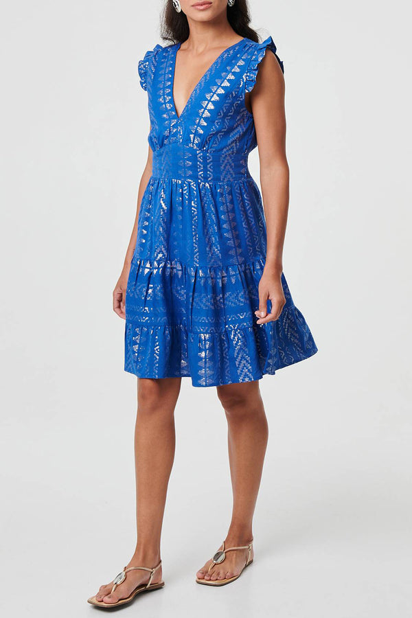 BLUE | Metallic Print Frilled Knee Length Dress