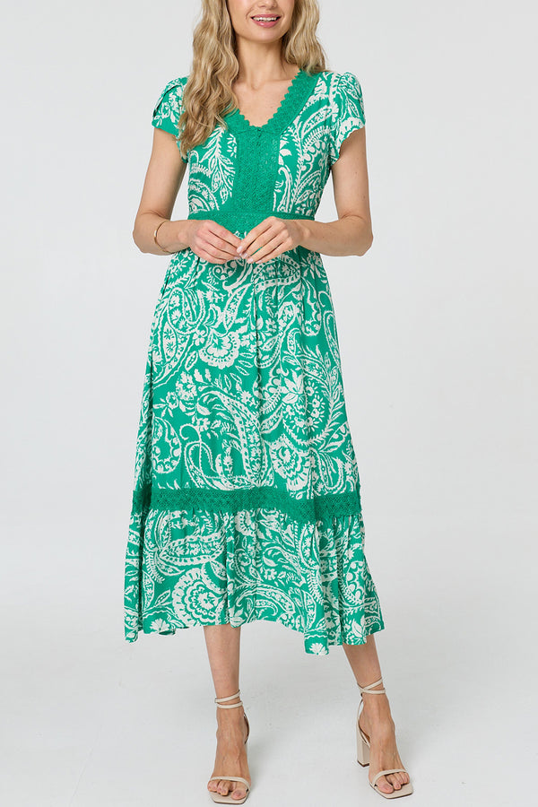 Paisley Lace Trim Cap Sleeve Midi Dress| GREEN