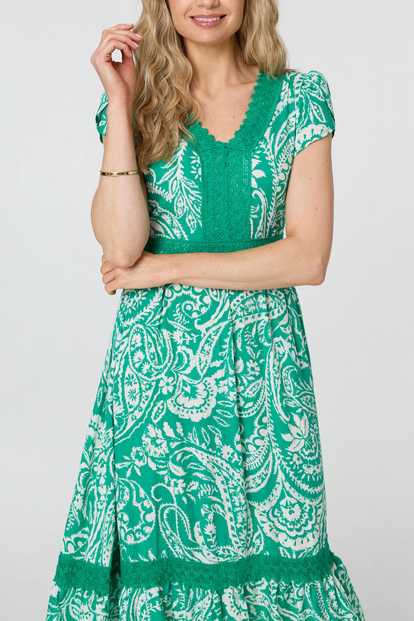Paisley Lace Trim Cap Sleeve Midi Dress| GREEN