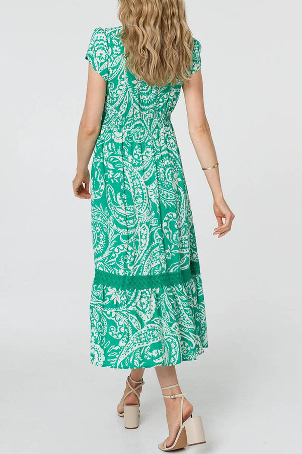 Paisley Lace Trim Cap Sleeve Midi Dress| GREEN