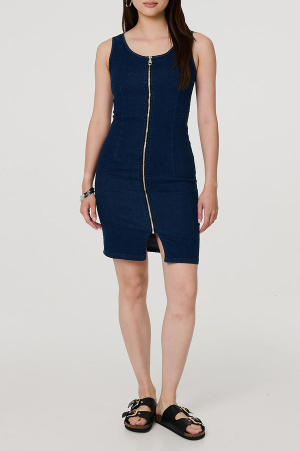 DENIM | Denim Sleeveless Zip Front Bodycon Mini Dress