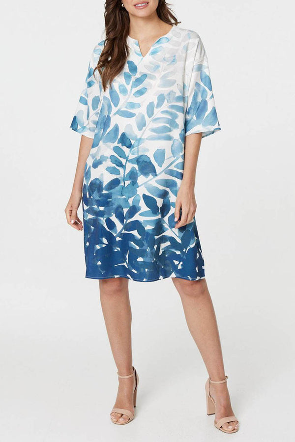 MULTI BLUE | Leaf Print 3/4 Sleeve Shift Dress