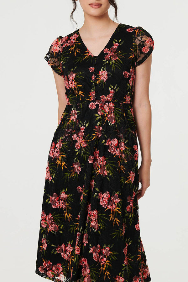 BLACK | Floral Cap Sleeve Lace Midi Dress
