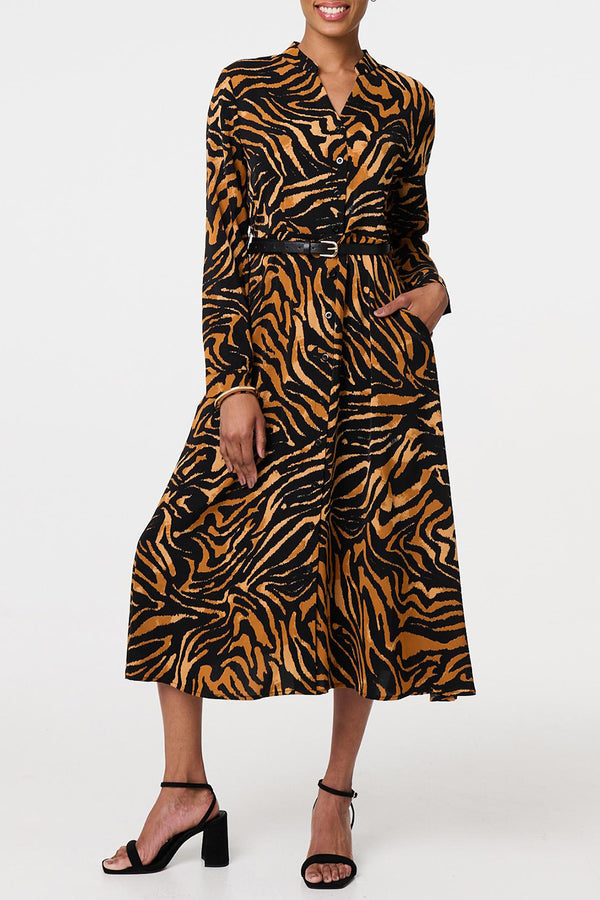 MULTI BROWN | Animal Print Long Sleeve Belt Midi Dress