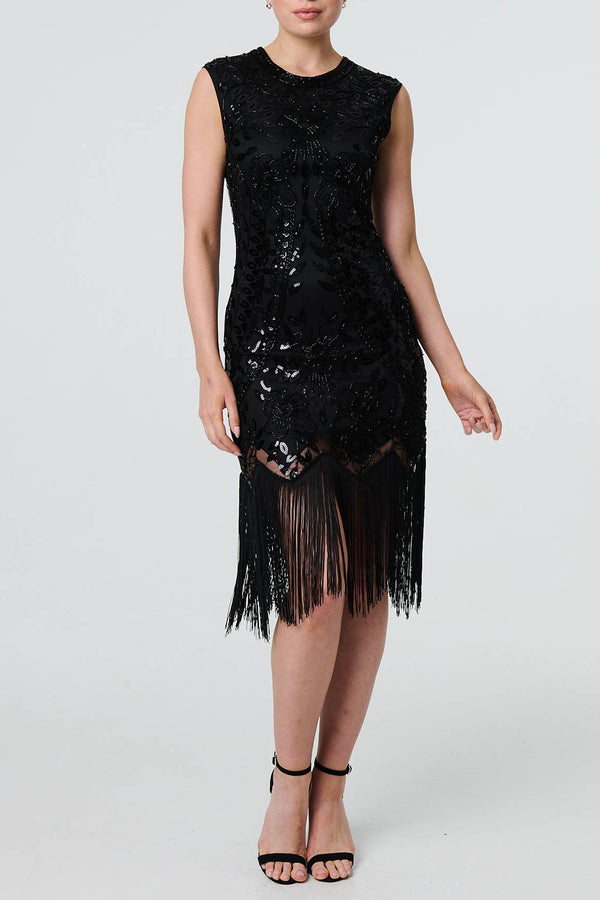 BLACK | Sequin Embellished Tassel Midi Dress