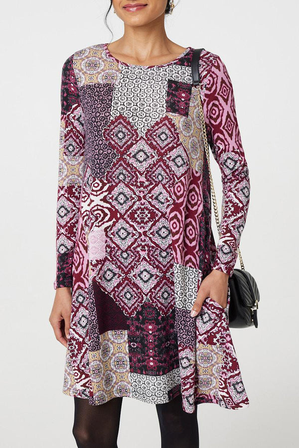MULTI PINK | Patchwork Long Sleeve Swing Dress