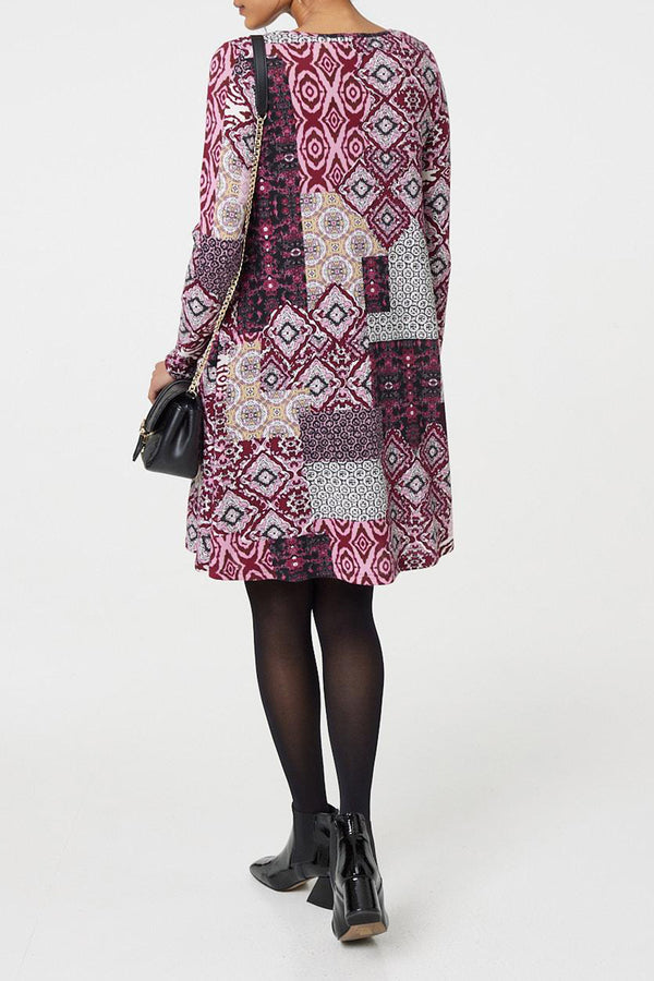 MULTI PINK | Patchwork Long Sleeve Swing Dress