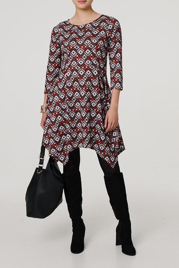 ORANGE | Geo Print Hanky Hem 3/4 Sleeve Midi Dress