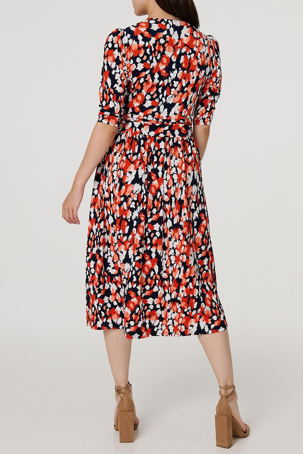ORANGE | Printed 1/2 Sleeve Wrap Front Midi Dress