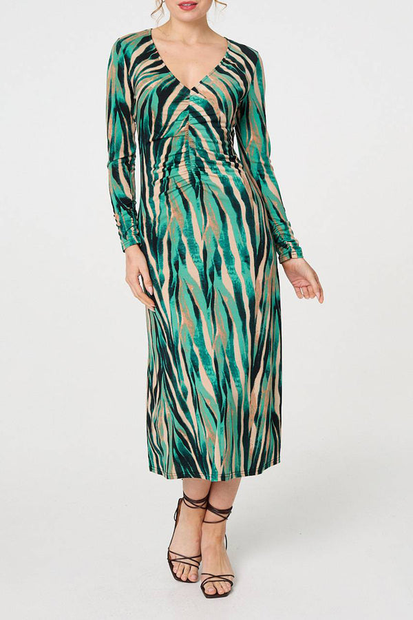 GREEN | Stripe Print V-Neck Ruched Midi Dress