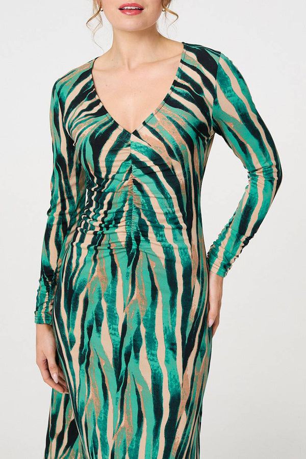GREEN | Stripe Print V-Neck Ruched Midi Dress