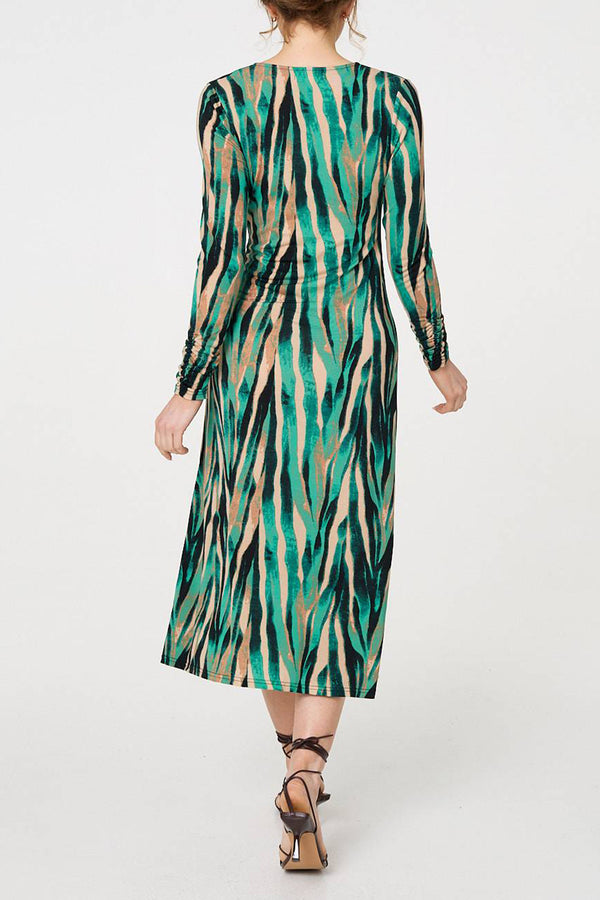 GREEN | Stripe Print V-Neck Ruched Midi Dress