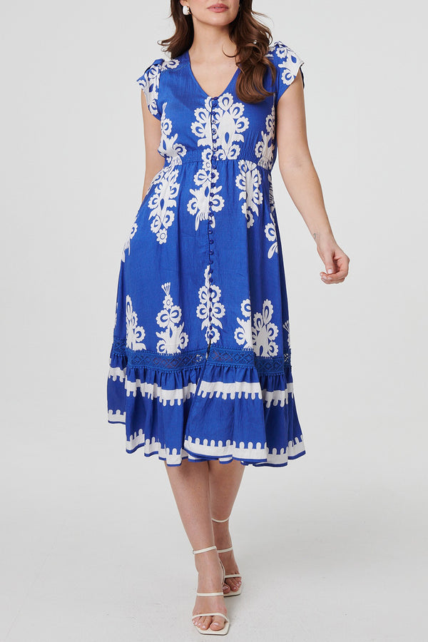BLUE | Ikat Print Cap Sleeve Midi Dress