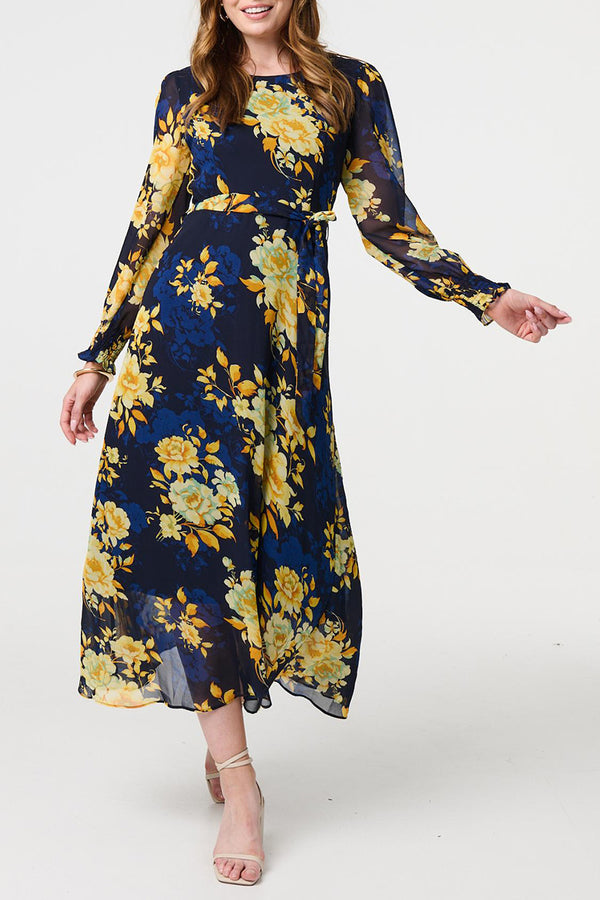 NAVY | Floral Print Semi Sheer Layer Midi Dress