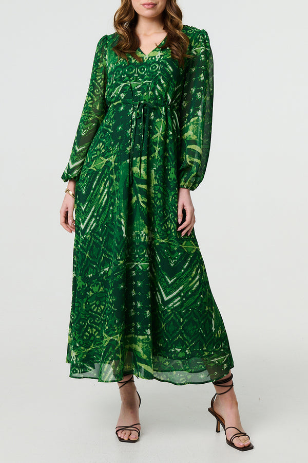 GREEN | Printed Sheer Layered Empire Maxi Dress