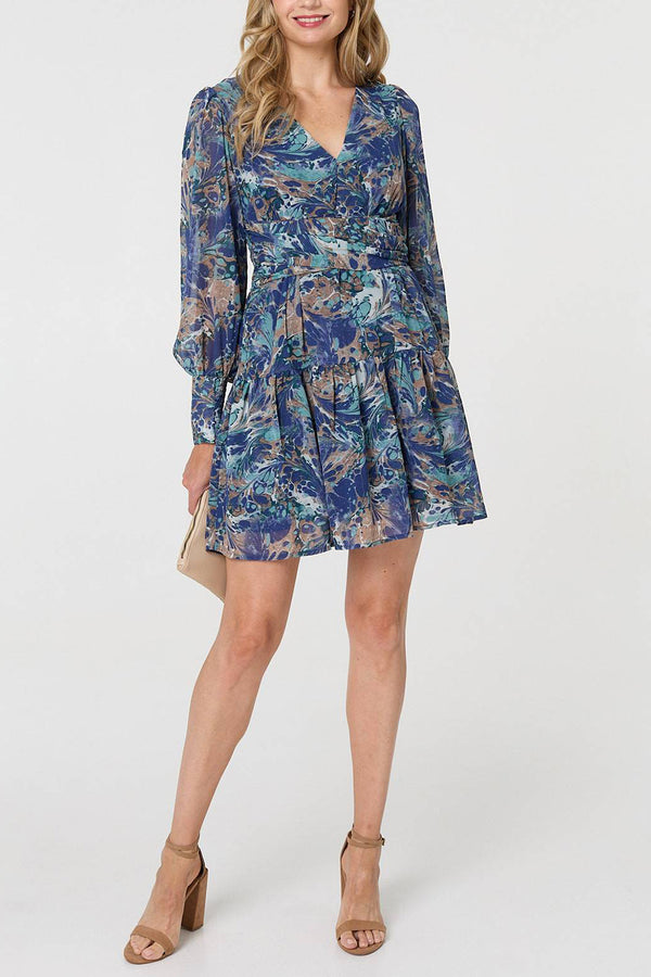 BLUE | Printed Long Sleeve Pleated Short Dress