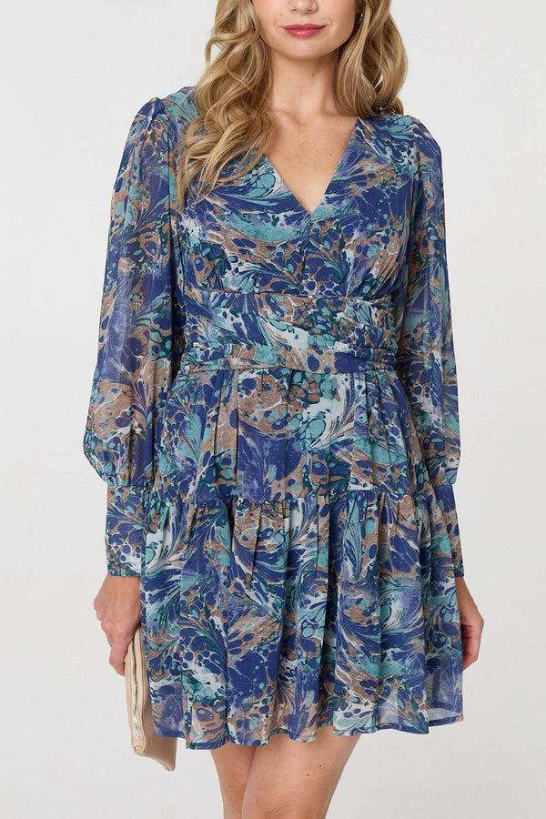 BLUE | Printed Long Sleeve Pleated Short Dress