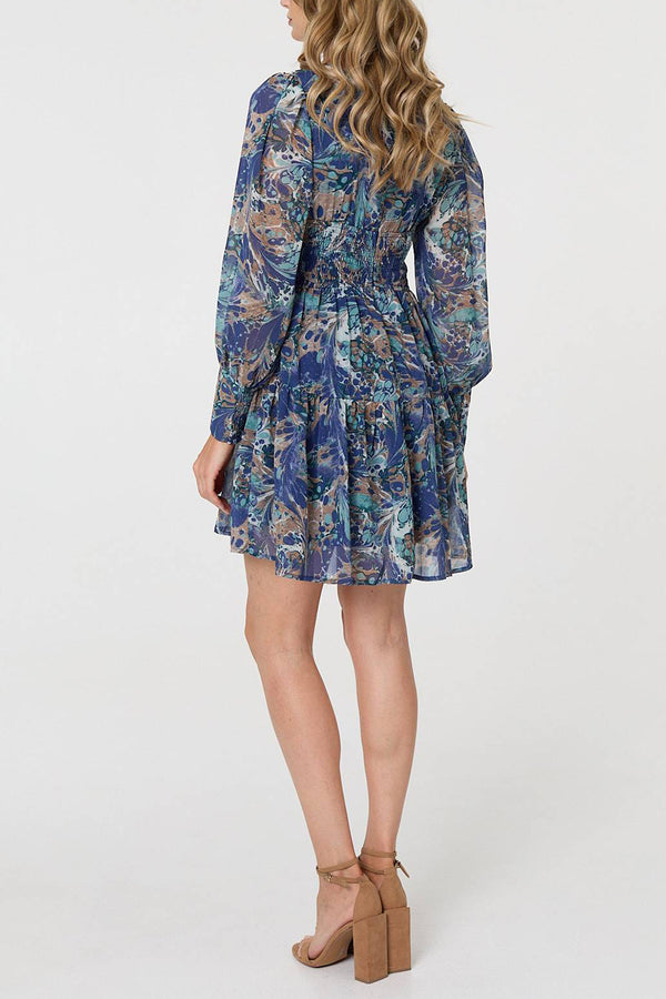 BLUE | Printed Long Sleeve Pleated Short Dress