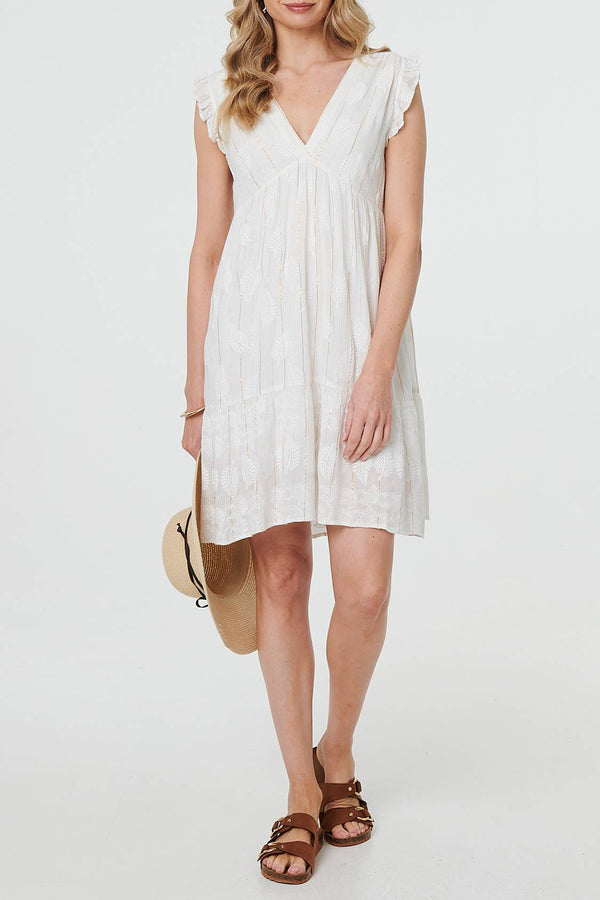 WHITE | Metallic Print Cap Sleeve Short Dress