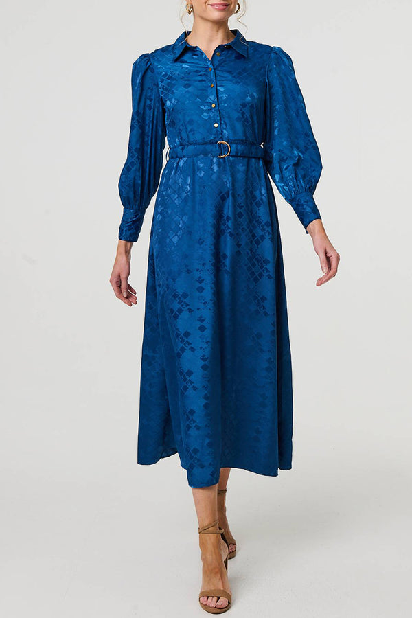 BLUE | Metallic Print Belted Maxi Shirt Dress