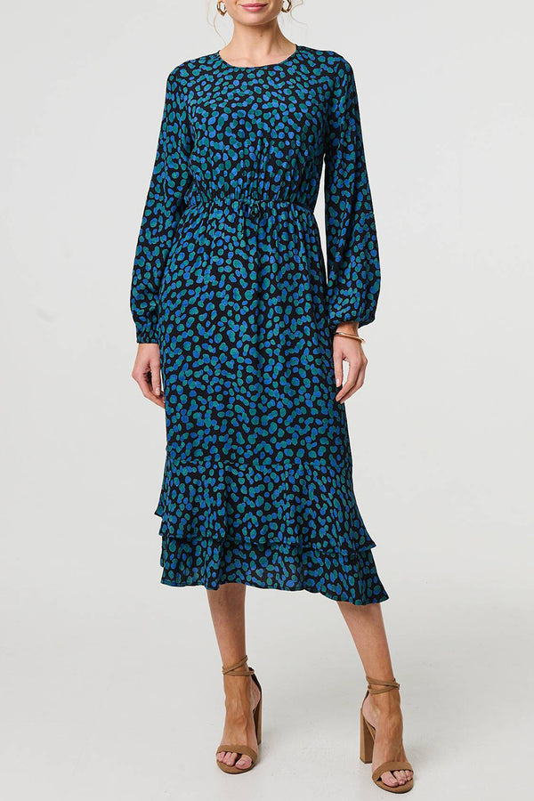 MULTI GREEN | Printed Long Sleeve Ruffled Midi Dress