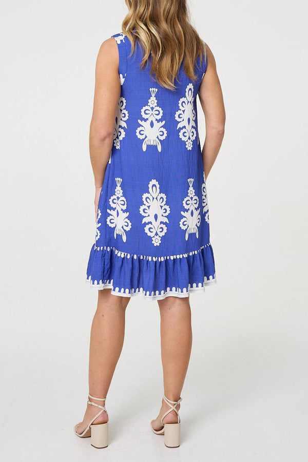 BLUE | Ikat Print Sleeveless Short Shift Dress