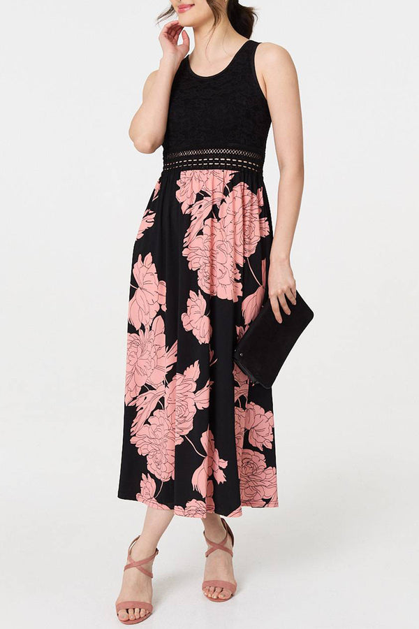 MULTI BLACK | Floral Lace Trim Sleeveless Maxi Dress