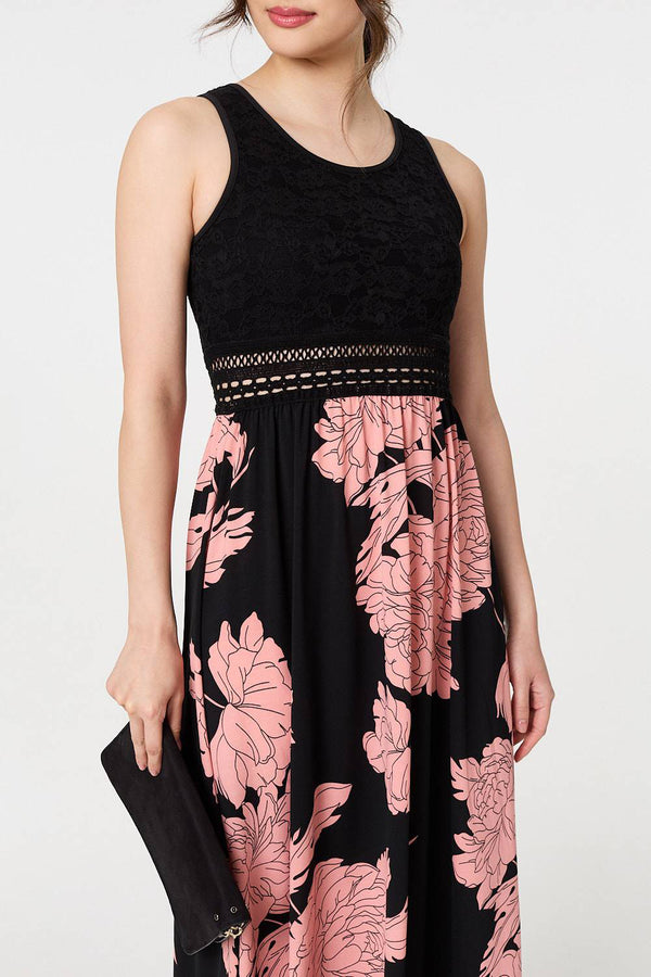 MULTI BLACK | Floral Lace Trim Sleeveless Maxi Dress