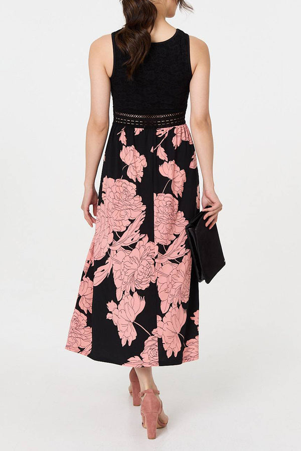 MULTI BLACK | Floral Lace Trim Sleeveless Maxi Dress
