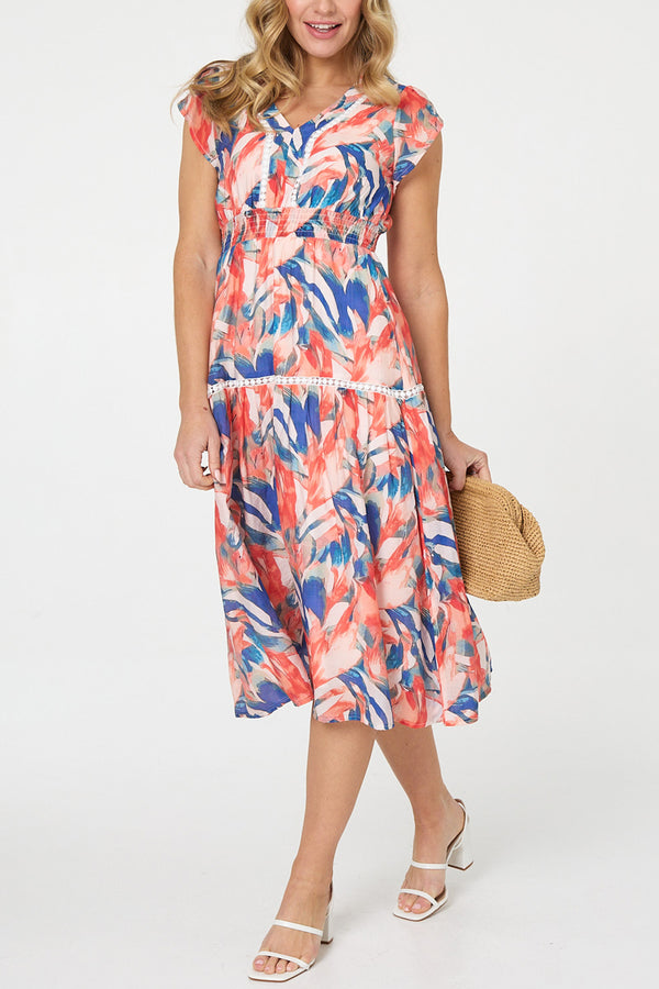 Abstract Tiered Cap Sleeve Midi Dress|MULTI BLUE