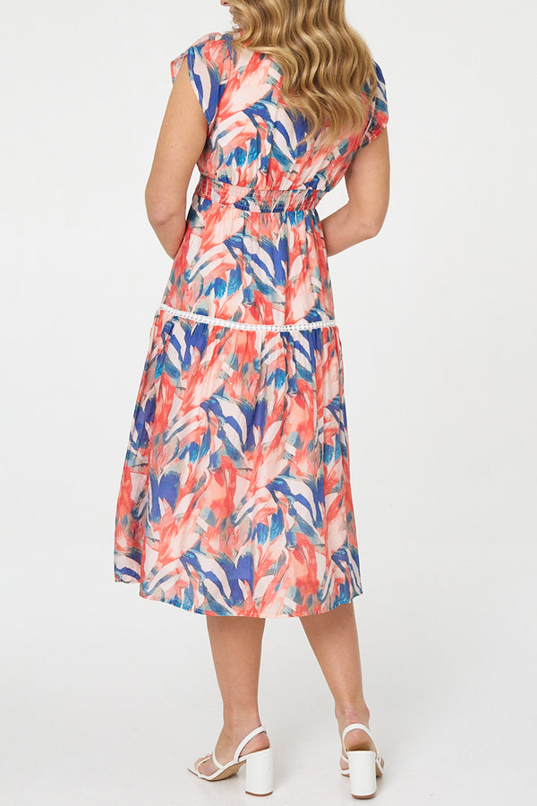 Abstract Tiered Cap Sleeve Midi Dress|MULTI BLUE