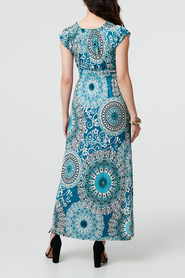 GREEN | Mosaic Print Cap Sleeve Maxi Dress