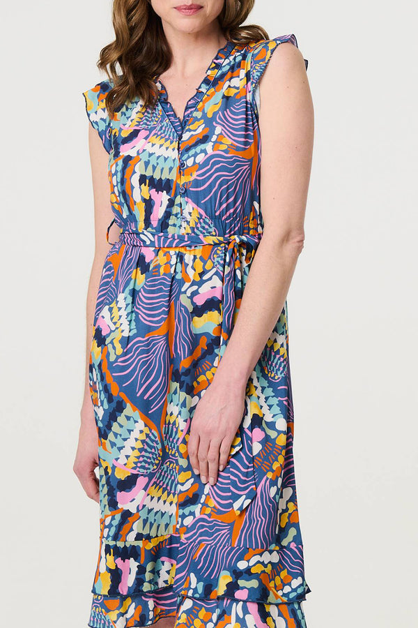 MULTI | Abstract Frill Trim Knee Length Dress