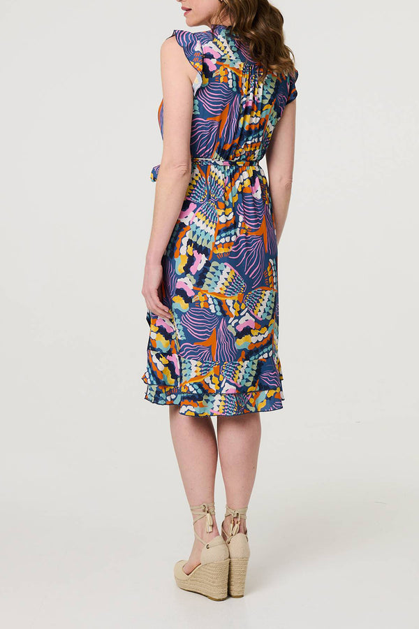 MULTI | Abstract Frill Trim Knee Length Dress