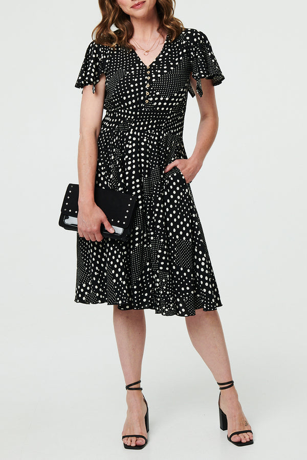 BLACK | Polka Dot Angel Sleeve Midi Smock Dress