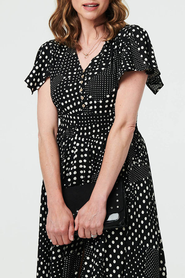 BLACK | Polka Dot Angel Sleeve Midi Smock Dress