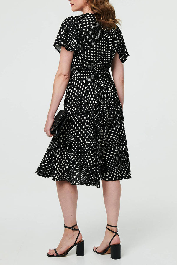 BLACK | Polka Dot Angel Sleeve Midi Smock Dress