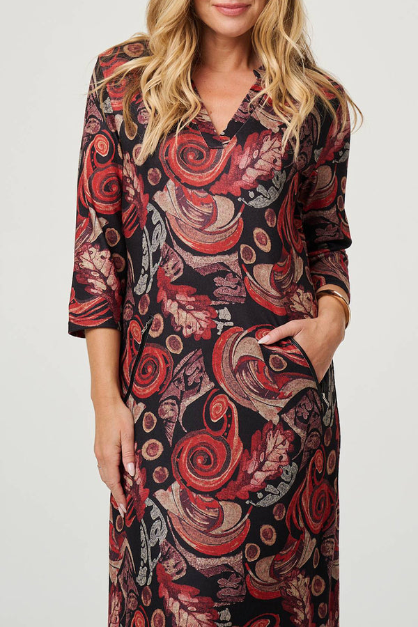 MULTI BLACK | Printed 3/4 Sleeve Jersey Maxi Dress