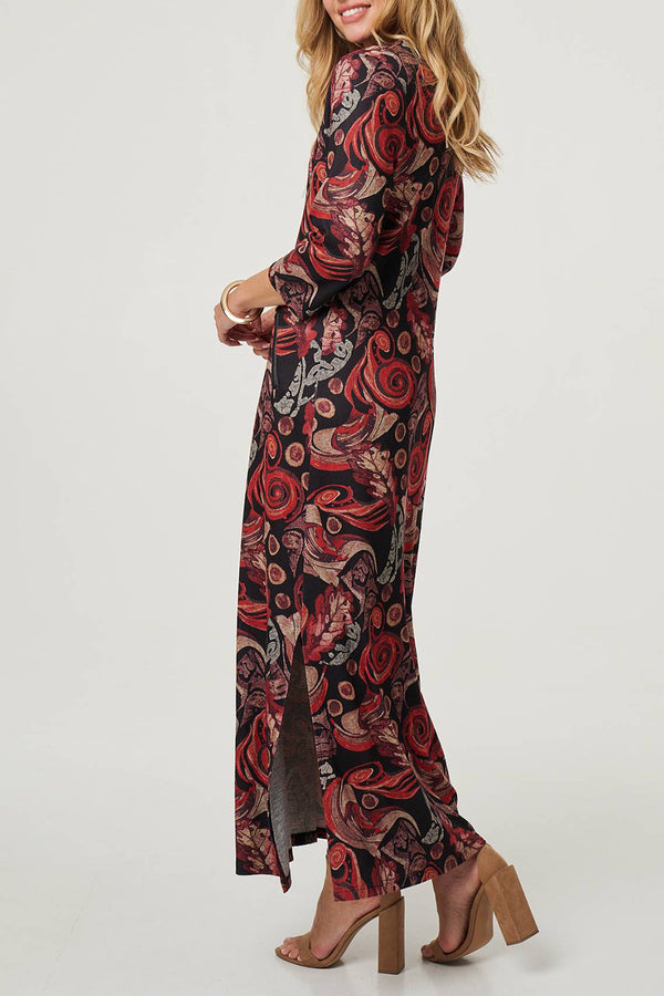 MULTI BLACK | Printed 3/4 Sleeve Jersey Maxi Dress
