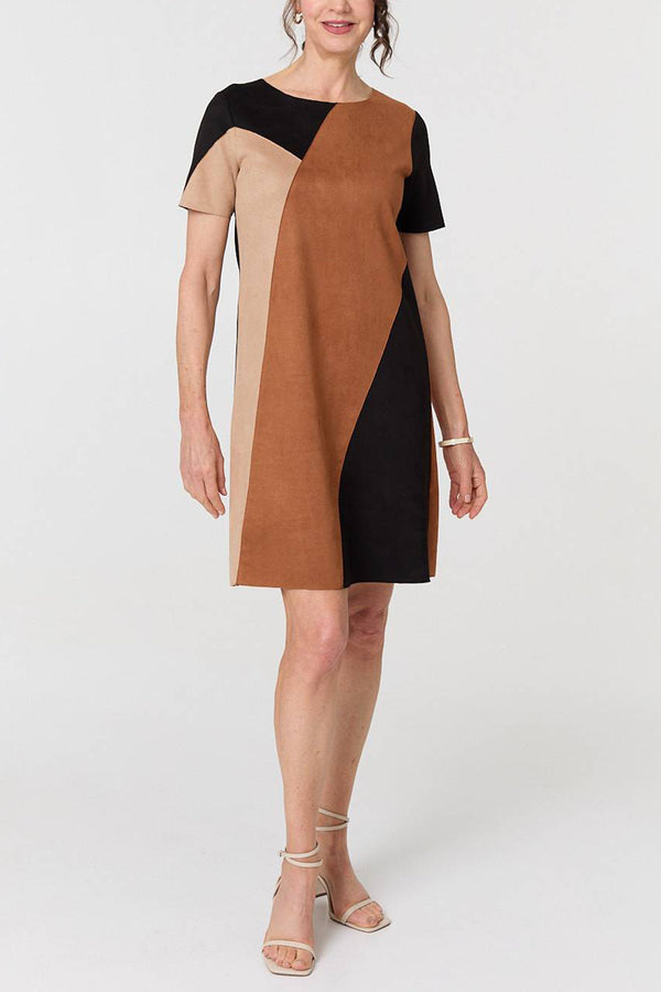 MULTI BROWN | Colour Block Textured Short Shift Dress