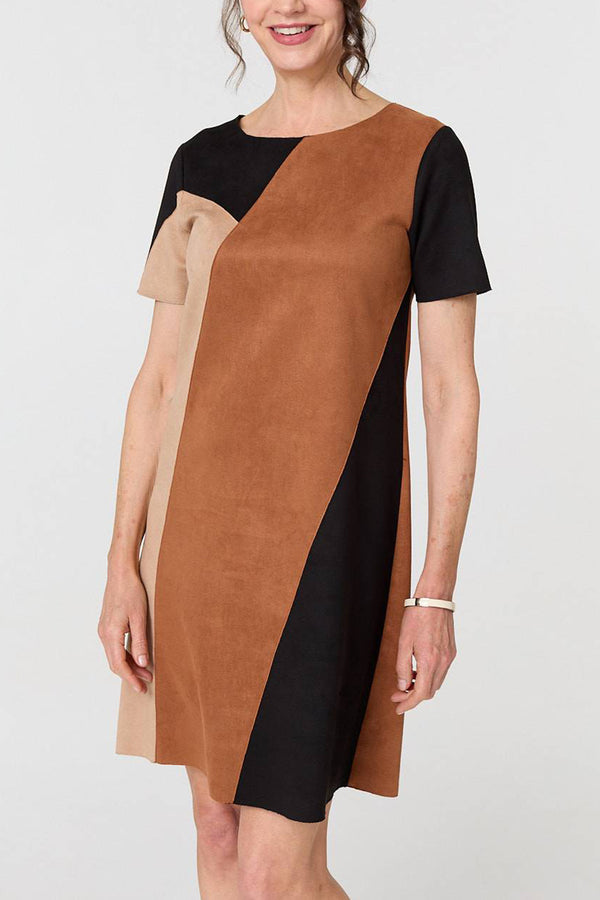 MULTI BROWN | Colour Block Textured Short Shift Dress